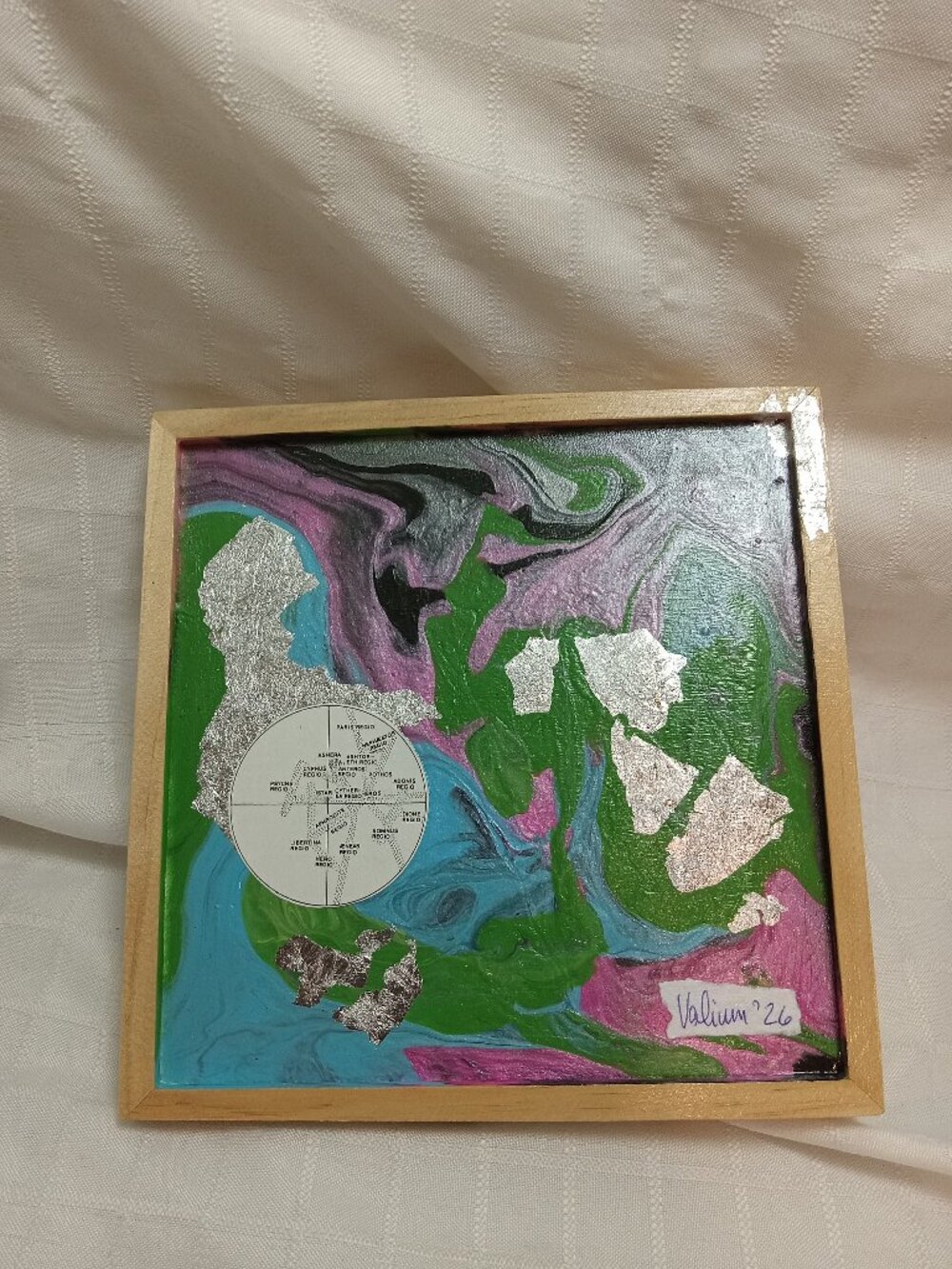 Collage on a liquid art panel, mixted media acrylic with silver foil